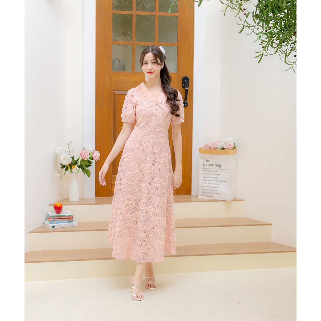 kudapy เดรสยาวผ้าถักลายดอกไม้ มีซับใน แต่งดีเทลกระดุม ใส่ออกงานแบบสวย