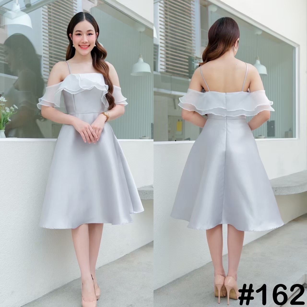 kudapy เดรสสั้นสายสปาเกตตี้ แต่งผ้าแก้วระบายไขว้อก สวยหวานพรางแขน กระโปรงทรงเอ