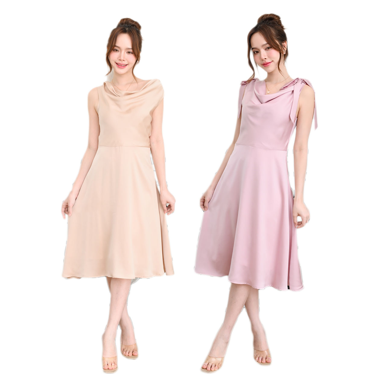 kudapy เดรสสั้นสีชมพู/สีแชมเปญ/สีกรม เพิ่มความหวานสไตล์สสาวพาสเทลด้วยสายโบว์ ช่วงกระโปรงทรงสวิงพริ้วสวยเล่นแสงเล่นไฟ