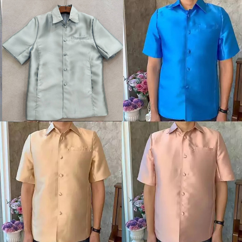เสื้อผ้าไหมผู้ชาย สีทอง สีฟ้าเข้ม สีเทาฟ้า สีชมพูโรสโกลด์ เชิ้ตคอปก กระดุมหน้า แขนสั้น