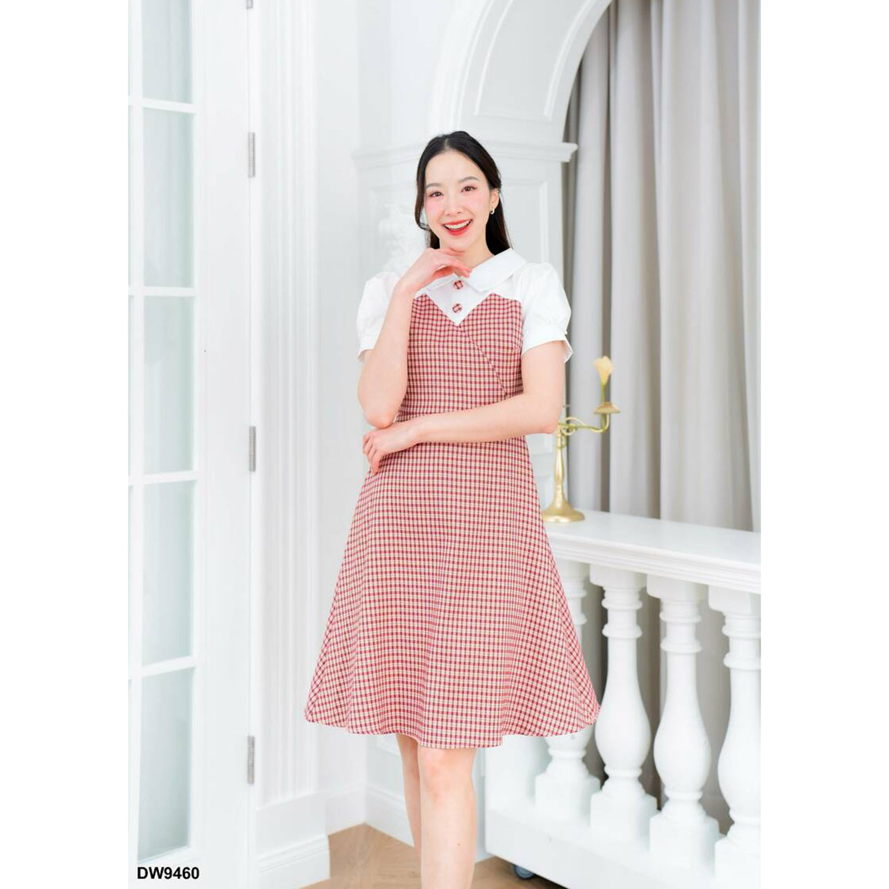 kudapy เดรสสั้นสีกรม สีเหลือง สีชมพู ผ้าลายสก็อตแต่งกระดุม แขนสั้น ใสเที่ยว สวยดูดีมาก