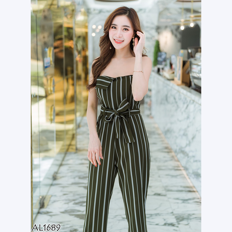 kudapy จั๊มสูทขายาวสีดำ,เขียว เกาะอกลายทางใส่สบายสวยดูดี