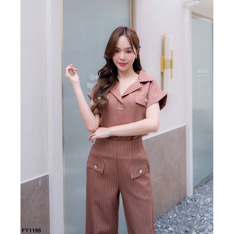 kudapy เซ็ทเสื้อคอปก+กางเกงขายาวสีดำ/สีน้ำตาล ใส่สบายสวยดูดี