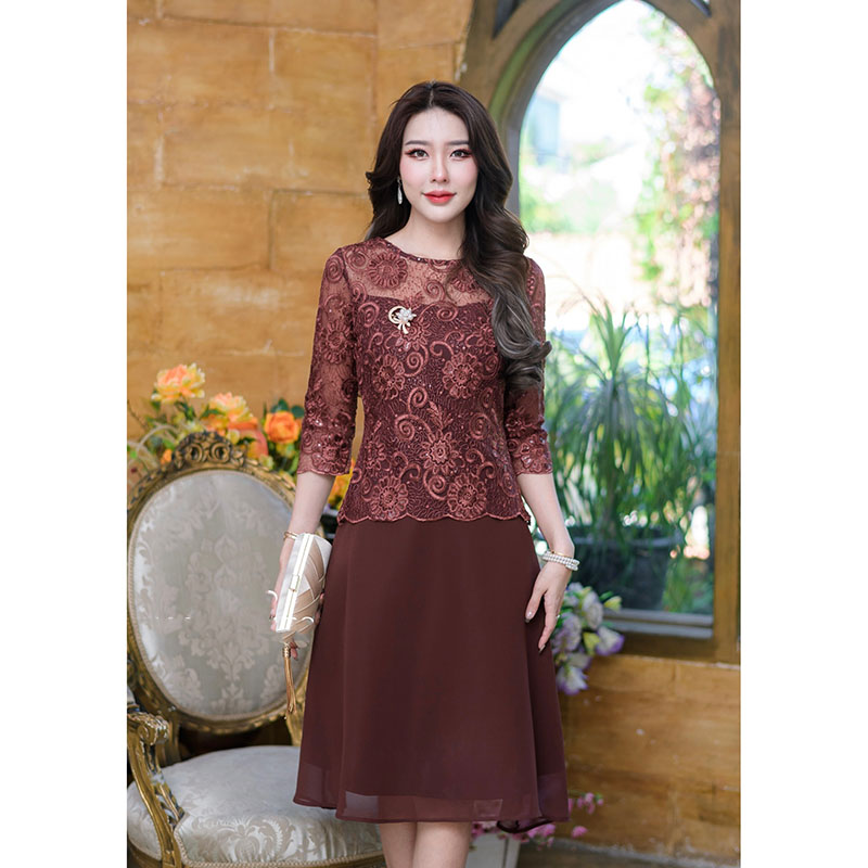 kudapy เดรสสั้นสีน้ำตาลแดง/สดำ/สีน้ำตาลโอวัลติน ลูกไม้ปักผ้าเกรดพรีเมี่ยม งานดีไซน์แขนห้าส่วน กระโปรงบานพริ้วเนื้อผ้า chiffon เบาสบาย