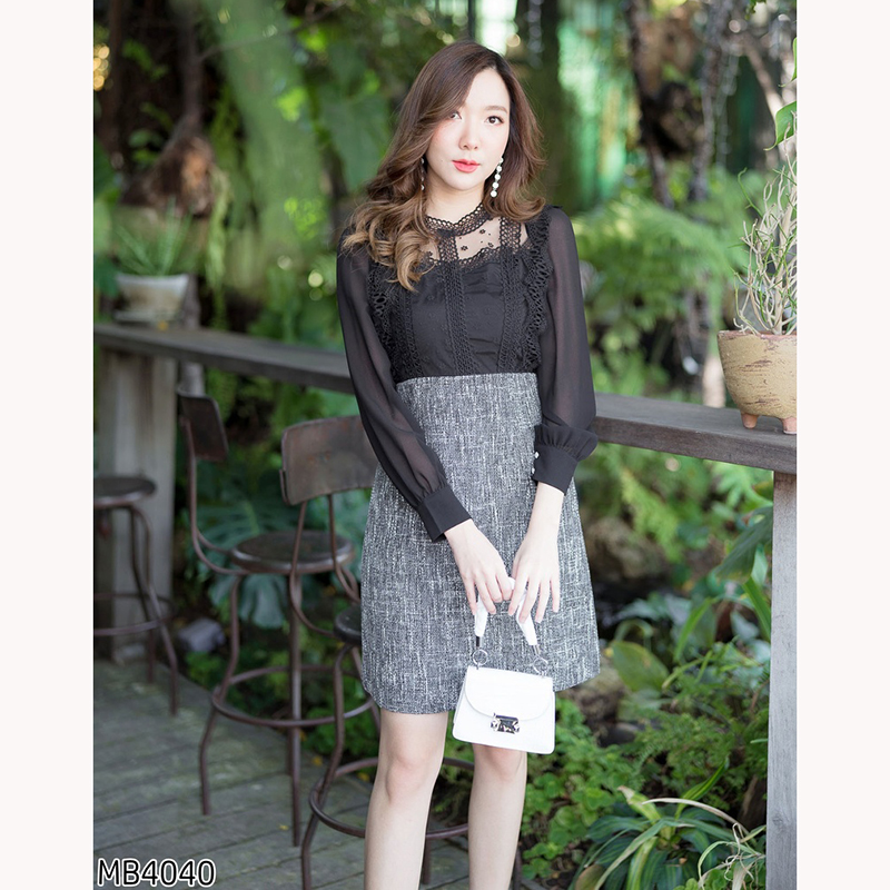 kudapy เดรสสั้นสีขาว/สีชมพู/สีครีม/สีดำ แขนยาวชีฟองอกระบายลูกไม้ ใส่สบายสวยดูดี