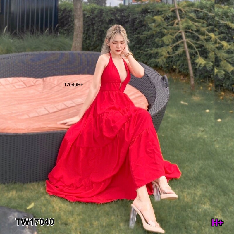 kudapy แม็กซี่เดรสสีบานเย็น น้ำตาล สายเดี่ยวผูกคอยาว เนื้อผ้าไหมอิตาลี่ มีเชือกผูกหลัง อกเสริมฟองน้ำ ใส่ไปเที่ยว