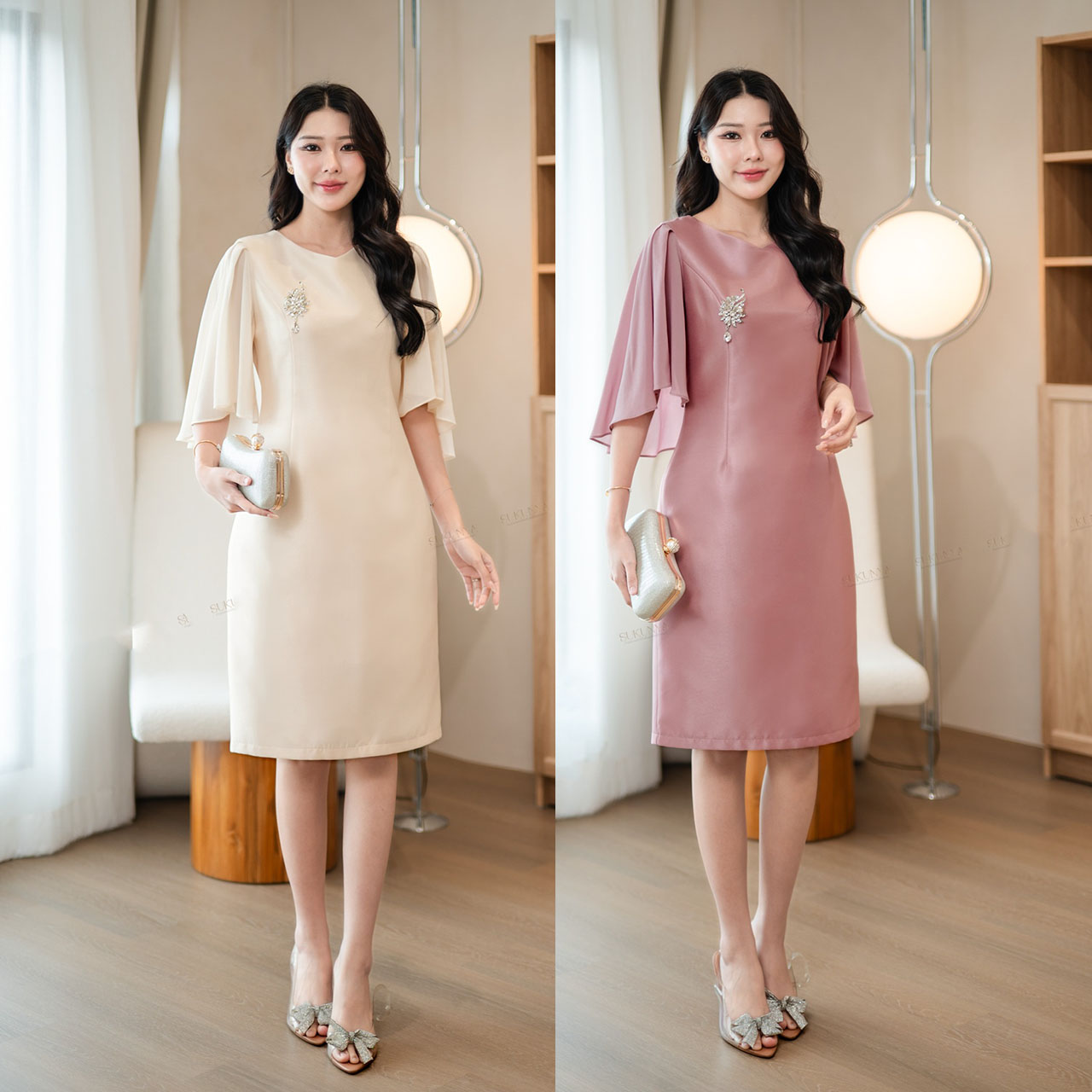 kudapy เดรสผ้าไหมญี่ปุ่น เนื้อผ้าอัดกาว มีซับในช่วงตัวมีซับในใส่สบาย ตีเกร็ดทั้งหน้าและหลัง มาพร้อมซิปซ่อนหลัง