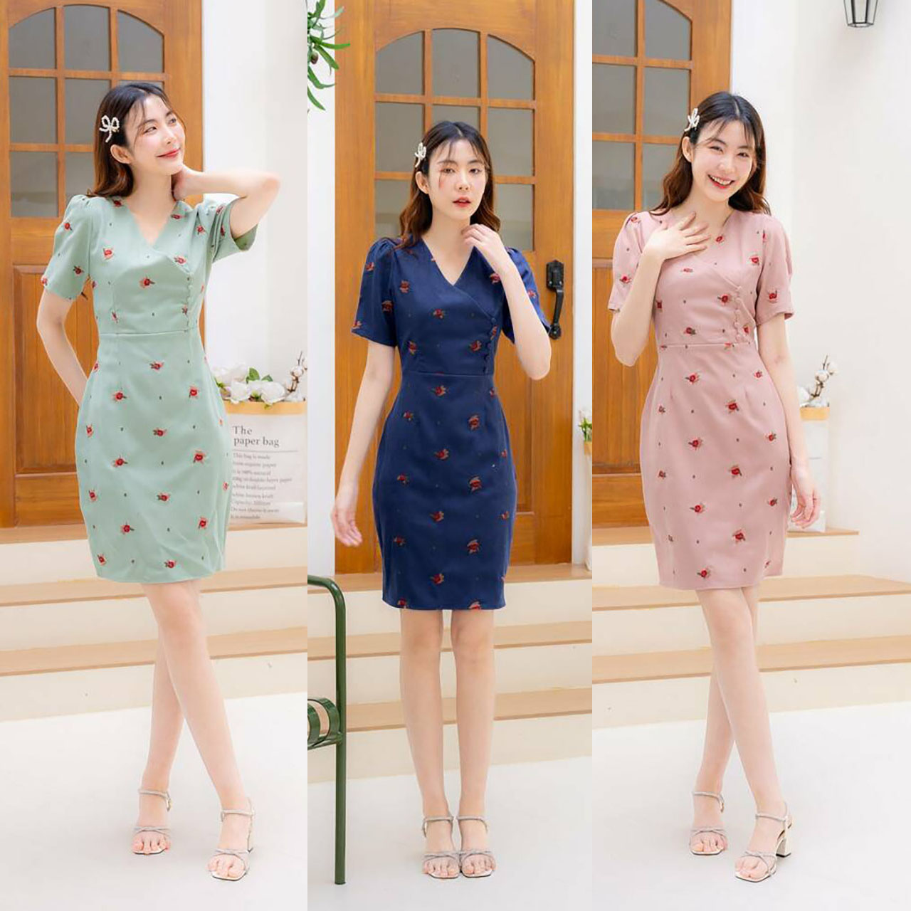 kudapyเดรสสั้นสีกรม/สีเขียว/สีชมพู เดรสสีพื้นคอป้ายแต่งกระดุม 5 ชิ้น