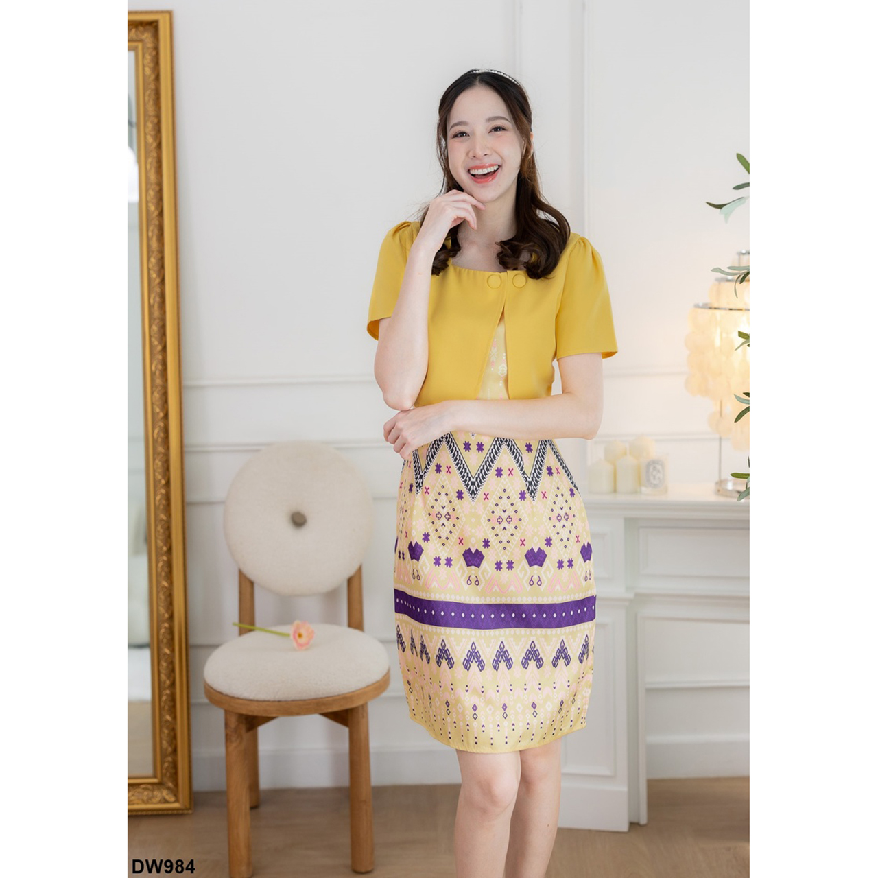 kudapy เดรสสั้นสีชมพู/สีม่วง ผ้าทอกั๊กพื้นกระโปรงลายไทย