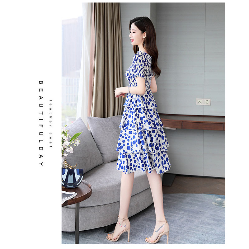 kudapy ชุดเดรสสั้นสีแดง,สีน้ำเงิน ใส่ทำงาน ผ้าโพลีเอสเตอร์ผสมพื้นสีครีม