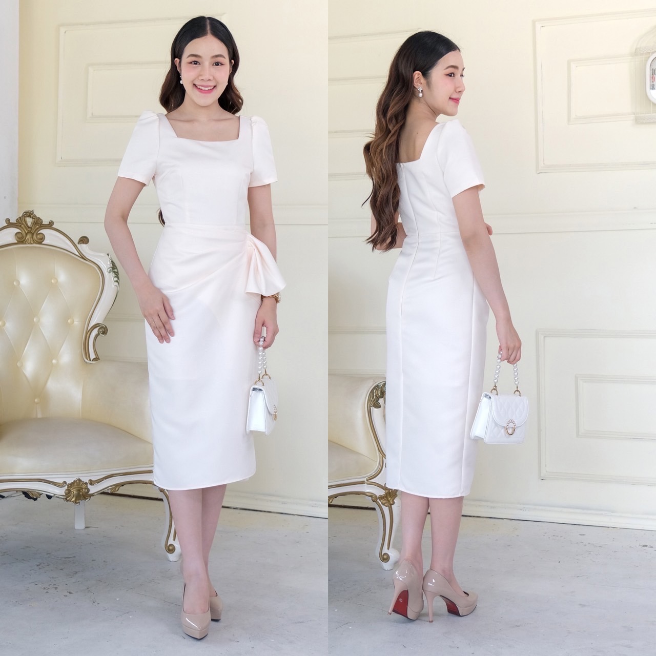 kudapy เดรสสั้นสีชมพูพาสเทล/สีทอง/สีเทา/สีข่าว/สีดำ/สีครีม คอเหลี่ยม แขนสั้น จีบยกบ่าตั้ง กระโปรงสอบจับจีบข้างสะโพก ผ่าข้าง