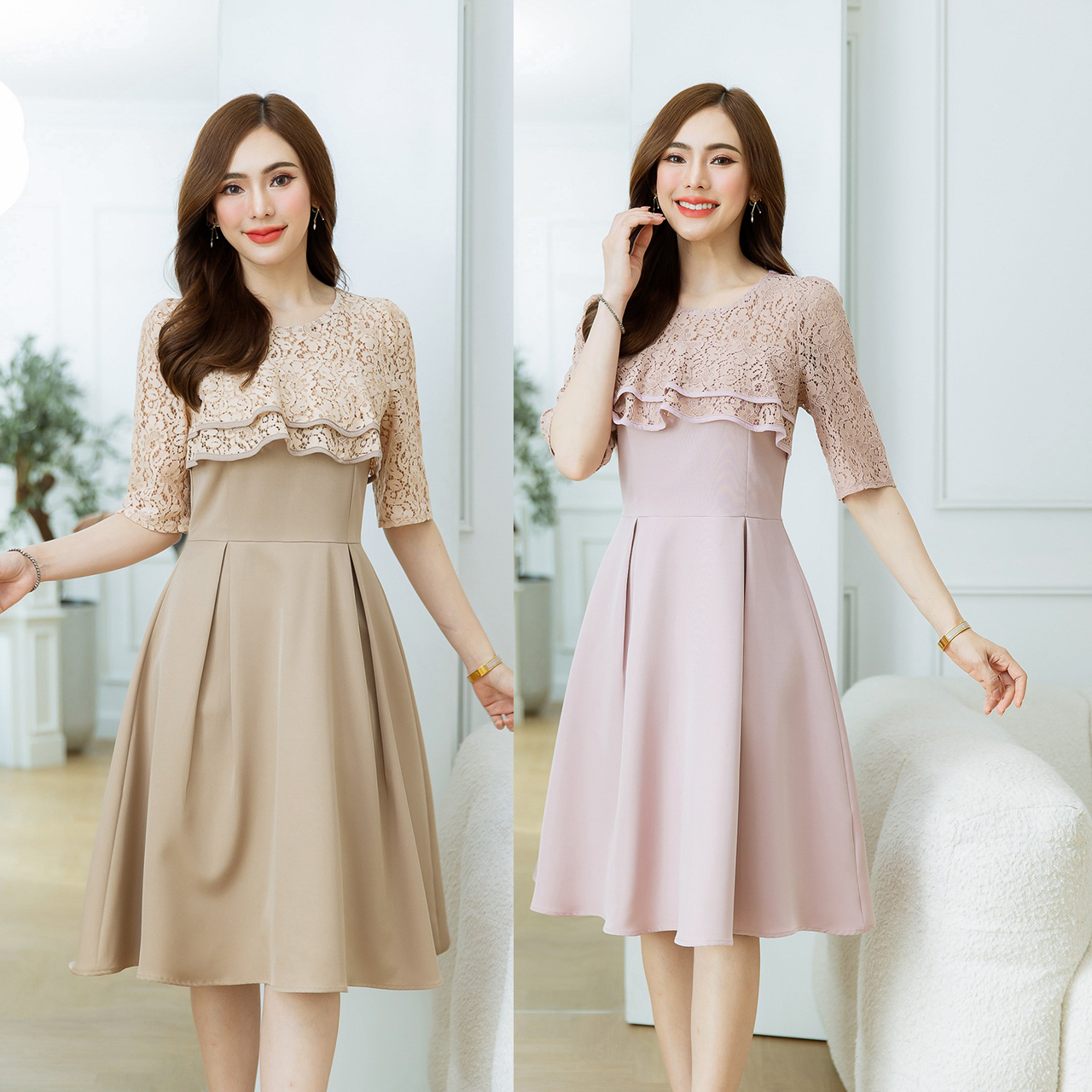 kudapy เดรสสั้นสีชมพูกะปิ/สีน้ำตาล อกลูกไม้ระบายสองชั้นกุ้นขอบ ตัดต่อผ้าพื้นกระโปรงทวิส สวยหวานเรียบร้อ