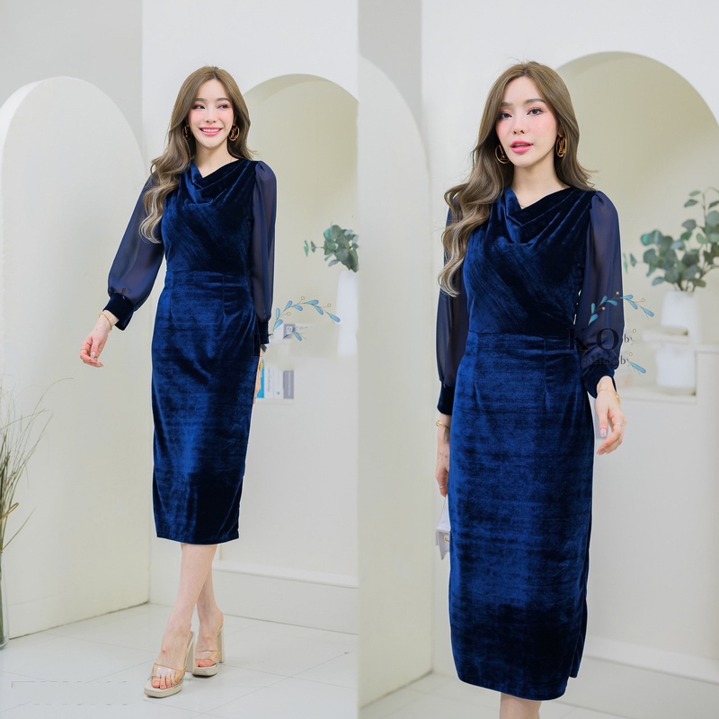 kudapy เดรสสี/สีกรม/สีแดง/สีเขียว กำมะหยี่ แขนยาวแต่งแขนชีฟอง คอถ่วงผ่าหลังเรียบหรู ไฮโซและให้ลุคกึ่งทางการ