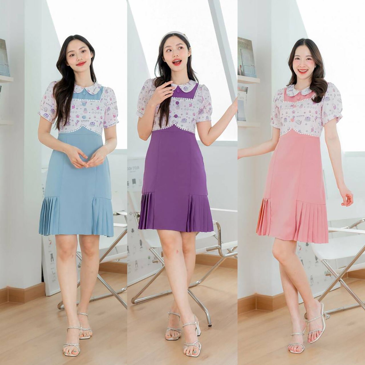 kudapy เดรสสั้นสีม่วง/สีฟ้า/สีชมพู ผ้าพื้นคอบัวกั๊กลาย ใส่ทำงาน ใส่เที่ยวสวยดูดี