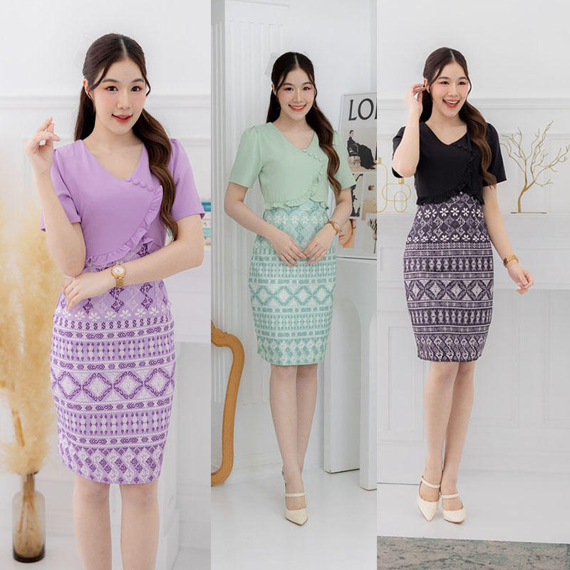 kudapy เดรสสั้นสีเขียว/สีม่วง/สีดำ แต่งกระดุมอกระบายอัดกลีบ
