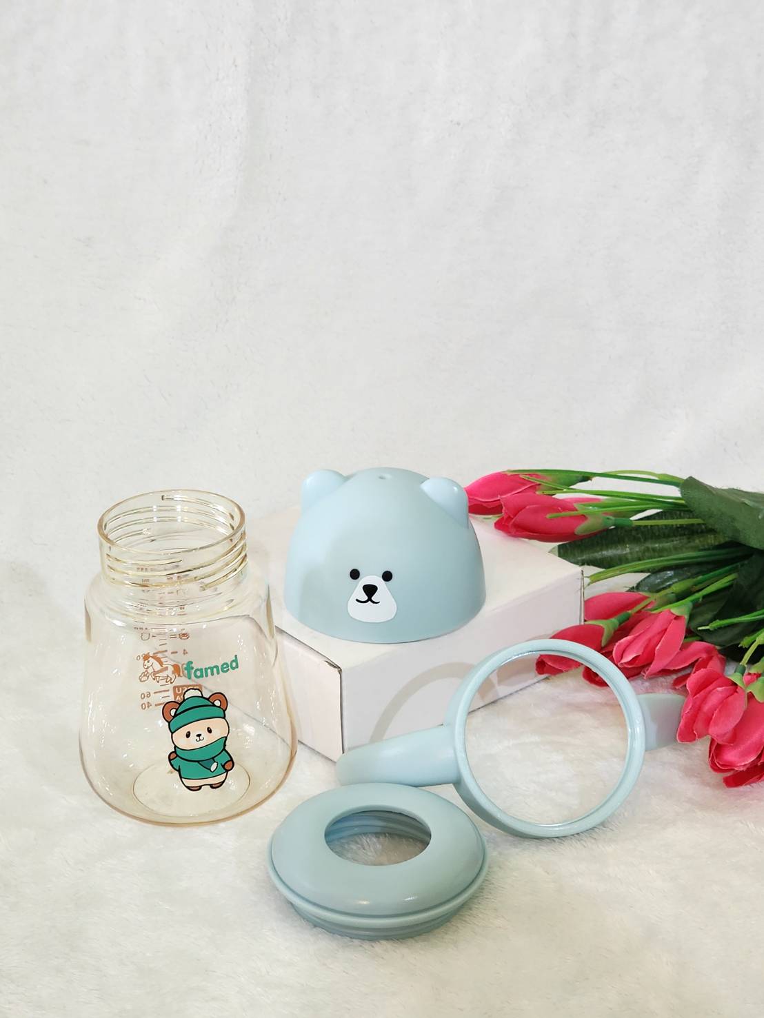 ขวดนมสีชา PPSU famed little bear คอกว้าง 8ออนซ์ พร้อมแขนจับ และจุกนม