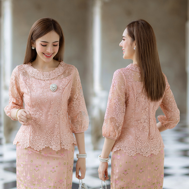 kudapy (เฉพาะเสื้อ) เสื้อลูกไม้ฝรั่งเศษแขนบอลลูน สีม่วง/สีฟ้า/สีชมพู คอกลม แขนสาวมส่วนทรงบอลลูนน่ารักมาก