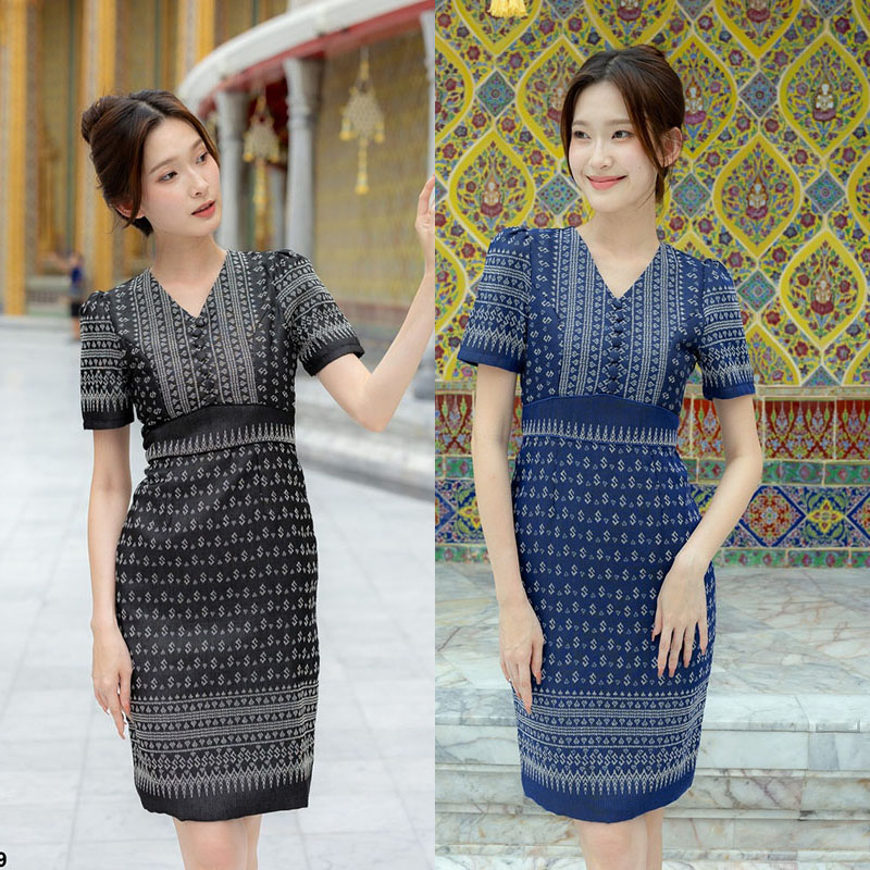 kudapy เดรสสั้นสีกรม/สีดำ ผ้าไทยคอวีลายขอเล็ก ใส่ทำงาน ไปงานวัดสวยดูดี