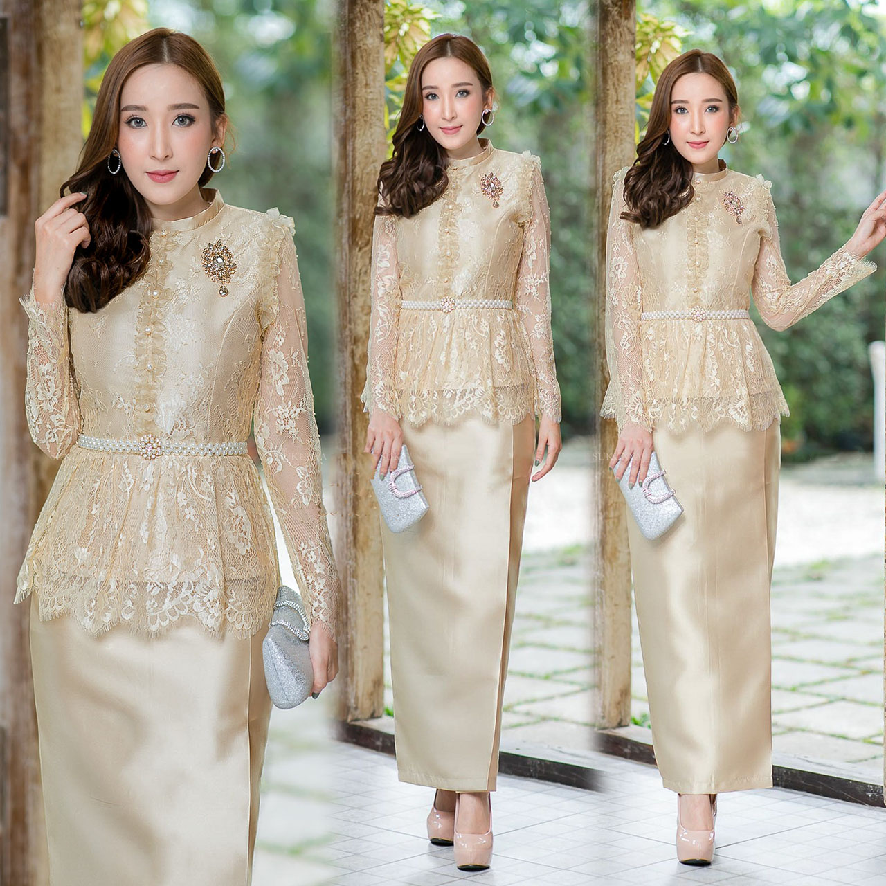 kudapy Set งาน 2ชิ้น เสื้อ+ผ้าถุงเย็บสำเร็จ งานผ้าไหมอิตาลีชุดไทยประยุกต์คอปิด แต่งกระดุมหลอก ตัวเสื้อตกแต่งด้วยลูกไม้เนื้อนิ่ม