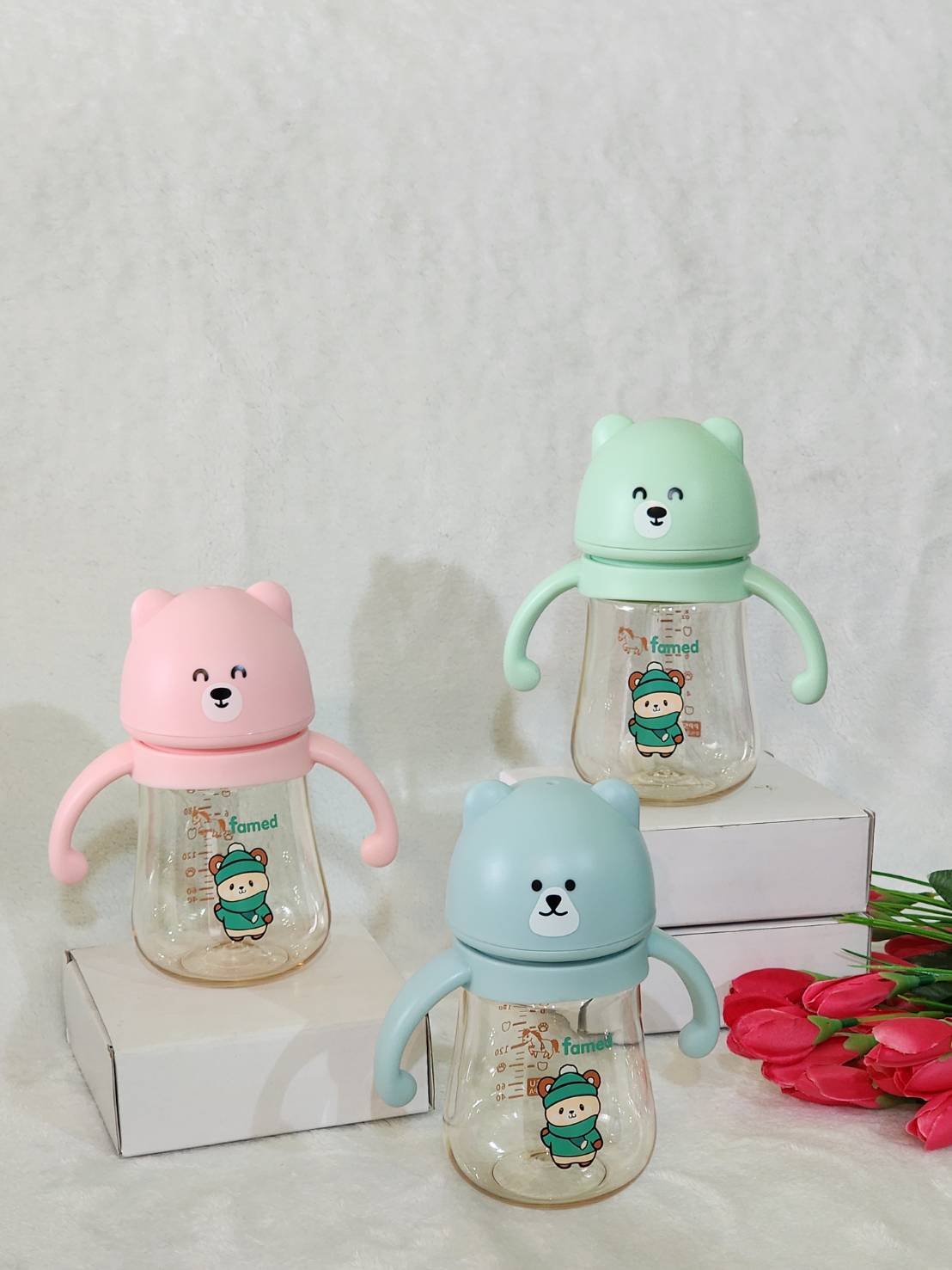 ขวดนมสีชา PPSU famed little bear คอกว้าง 8ออนซ์ พร้อมแขนจับ และจุกนม