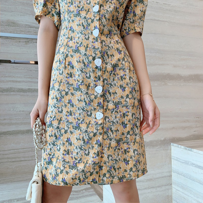 kudapy ชุดเดรสสีม่วง,สีเหลืองมัสตาร์ดใส่ทำงาน ผ้าโพลีเอสเตอร์ผสม พิมพ์ลายดอกไม้