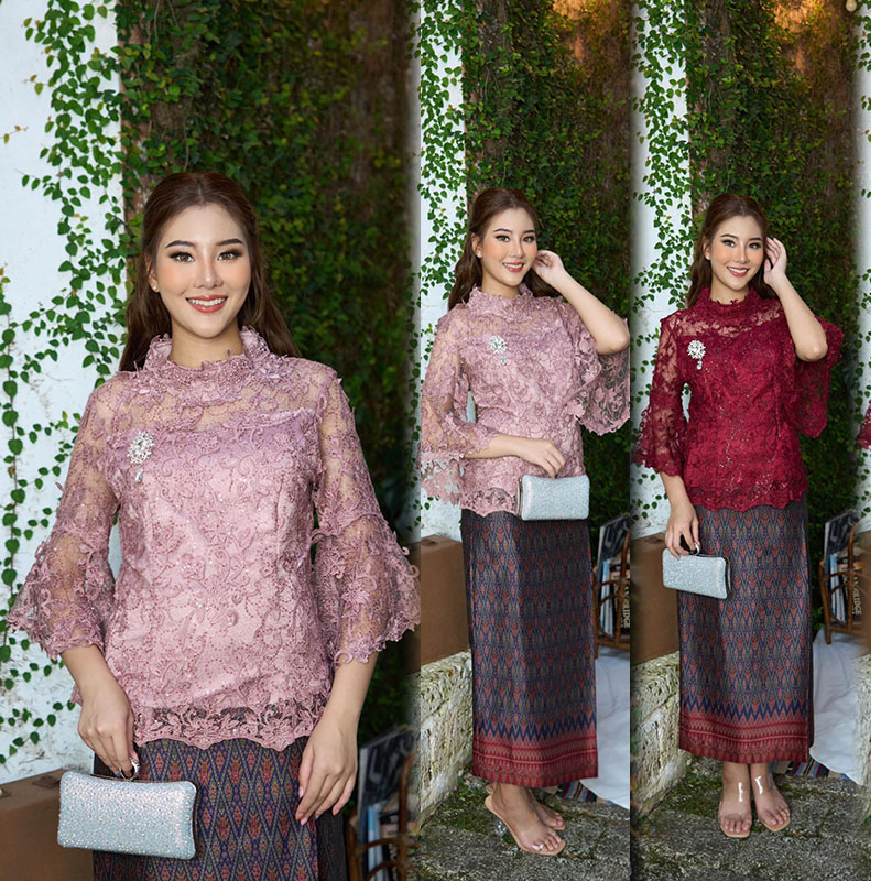kudapy ชุดไทยประยุกต์ เสื้อลูกไม้+ผ้าถุงทอลายซิปหลัง มีซับทั้งตัว(สีแดง,สีชมพูกะปิ)