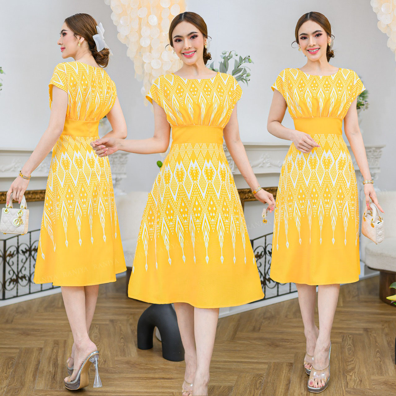 kudapy เดรสสั้นสีครีม / ชมพู / เหลือง ผ้าโพลีเอสเตอร์แบบทอเกรดนำเข้า คอกลม มีชับใน มาพร้อมชิปซ่อนหลังใส่สบาย