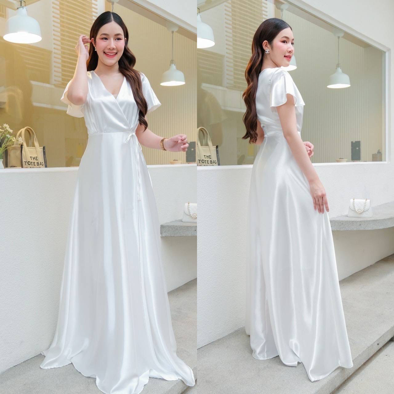 kudapy เดรสยาวสีขาว คอวีเเขนระบาย เนื้อผ้าชาตินเงา ชุดเจ้าสาวมินิมอล ชุดถ่ายพรีเวดดิ้ง ผ้าเครปเกาหลี ซับในยาวทั้งตัว