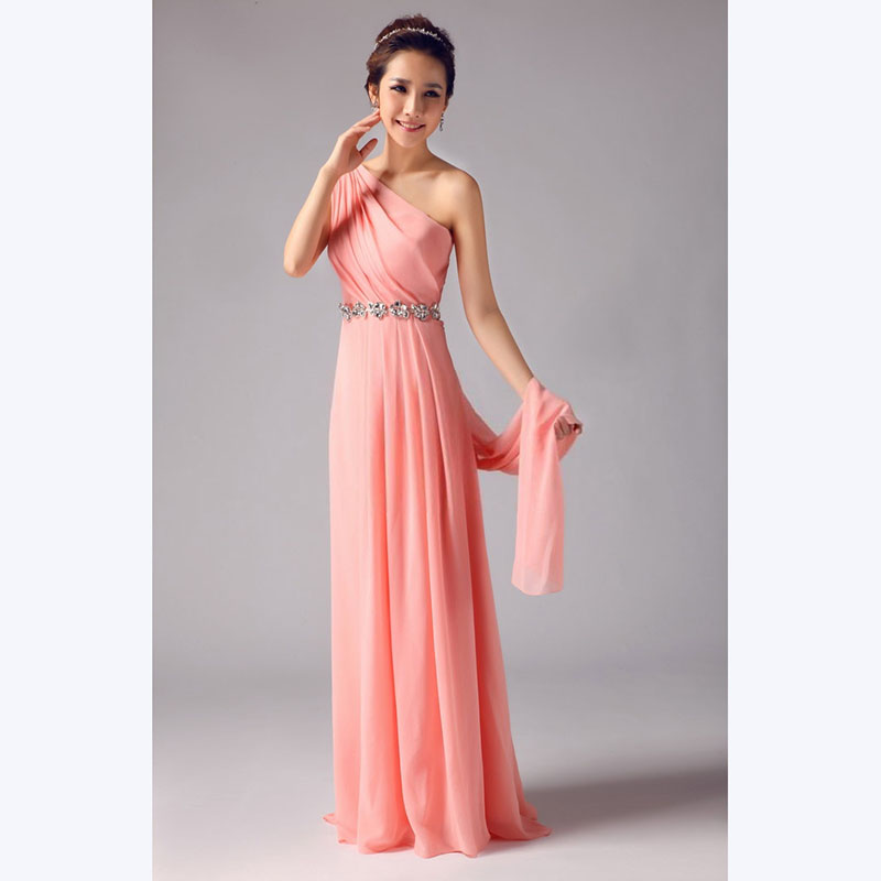 kudapy ชุดราตรียาวสีโอรส ไหล่เดียว จับเตรปสไตล์กรีก คาดคริสตัลช่วงเอว
