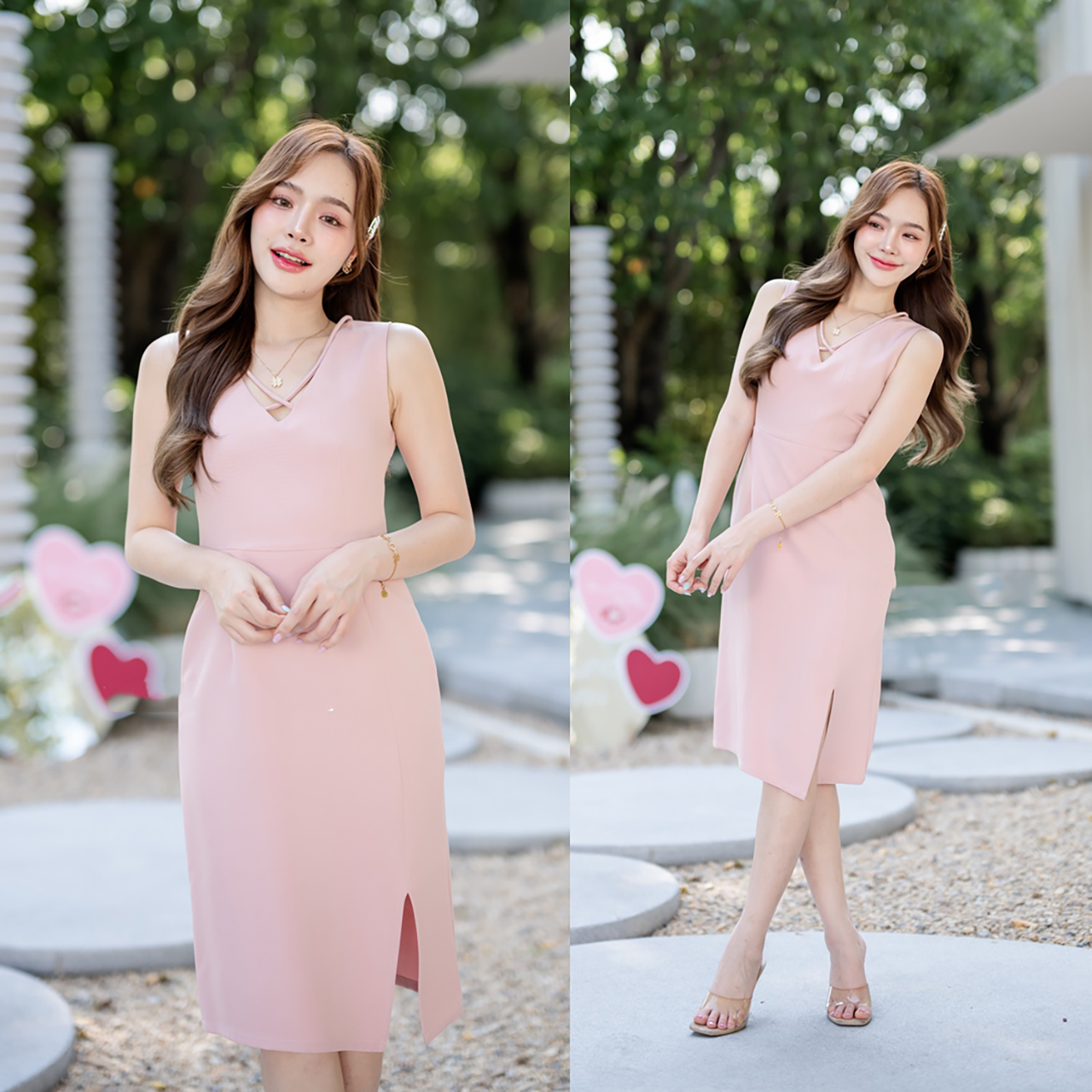 kudapy เดรสสั้นสีชมพู ครีม เขียวมัทฉะ ส้มอิฐ ช่วงเสื้อเป็นทรงคอวี แต่งด้วยสายเส้นสปาเกตตี้เส้นเล็กๆ จากบ่าลงมาไขว้ Cross กันที่ช่วงอก ต่อด้วยกระโปรงทรงตรงยาวคลุมเข่า