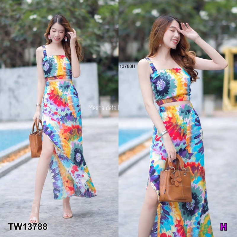 kudapy Set เสื้อสายเดี่ยวจั๊มเอว+กระโปรงผ่าข้าง ลายมัดย้อม ชุดเที่ยวทะเล