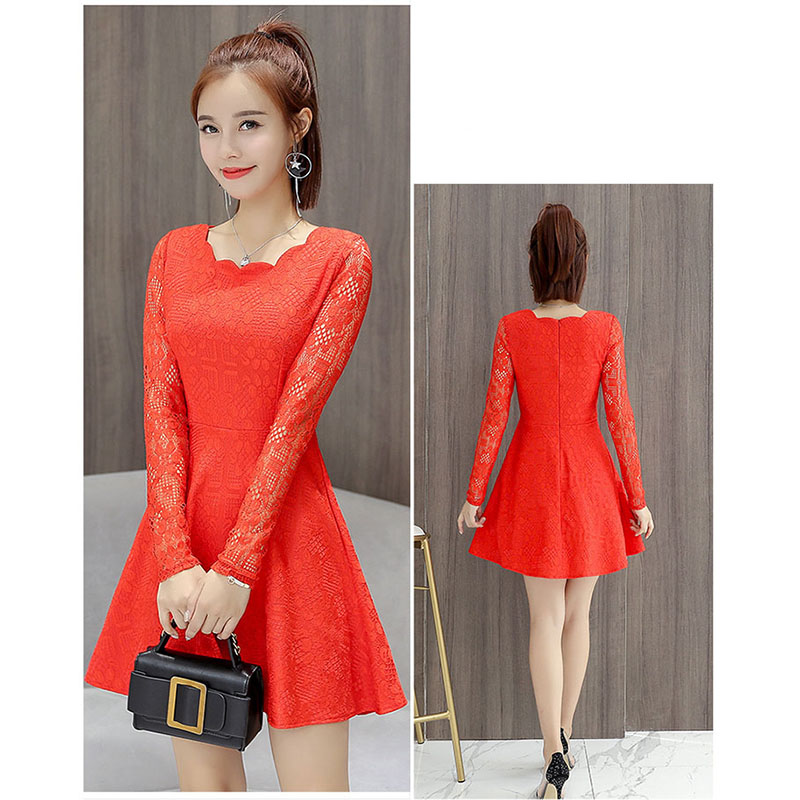 kudapy ชุดเดรสสั้นสีขาว,สีชมพู,สีฟ้า,สีแดง แฟชั่นแขนยาวแต่งคอหยักซิปหลัง ทรงสวมปลายบานพริ้ว