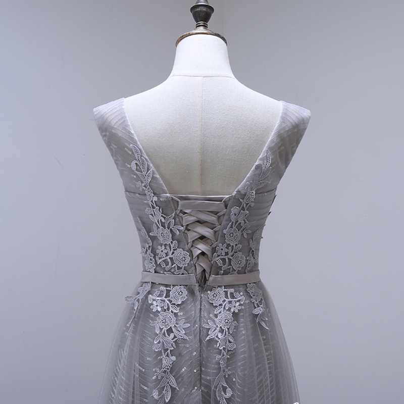 kudapy ชุดราตรียาวสีชมพู/เทา แขนกุด แต่งลายลูกไม้ ผ้าตาข่าย ข้างในปักเลื่อมสวย