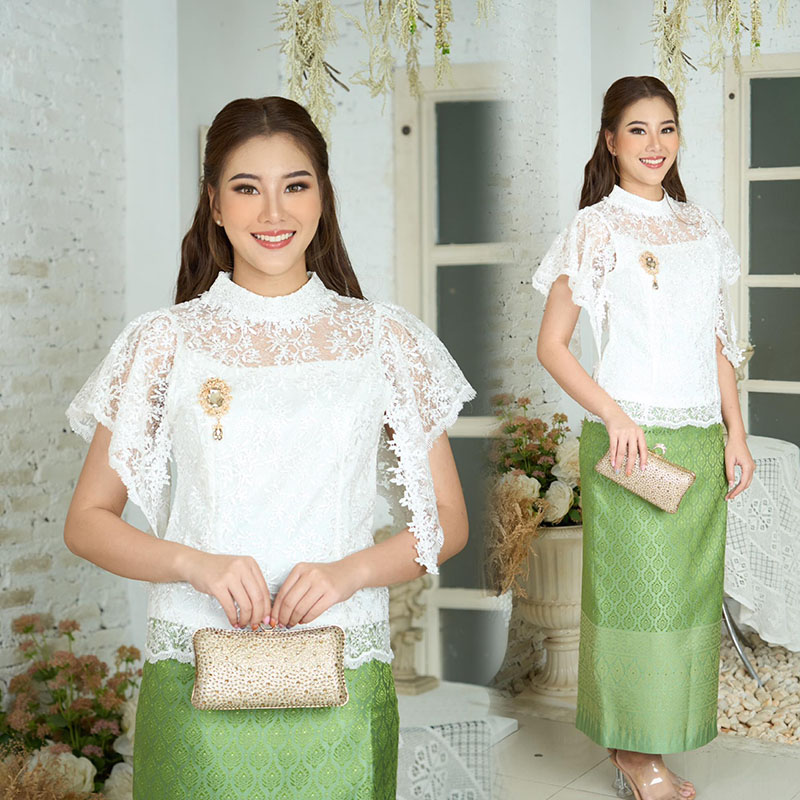 kudapy ชุดเซทเสื้อลูกไม้ใยบวบผสมเลื่อมเกรดพรีเมี่ยม ซิปหลัง มีซับทั้งตัว แขนระบาย+ผ้าถุงอัดกาว อบไอน้ำมาให้อย่างดี