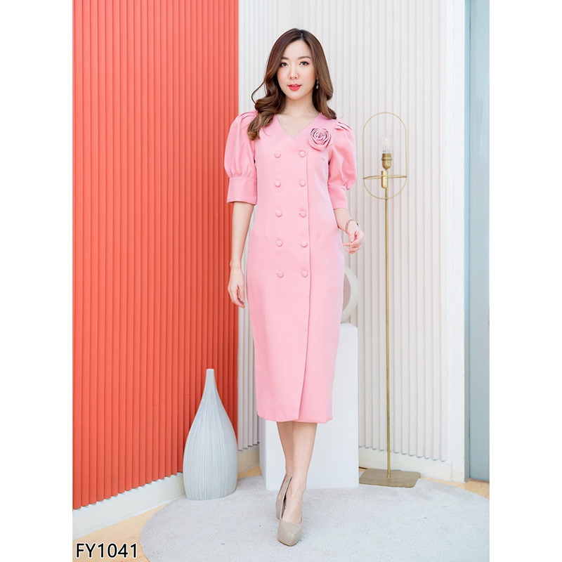 kudapy เดรสยาวสีเขียว/สีชมพู/สีกรม แขนตุ๊กตาดอกไม้ติดไหล่ สวยดูดีเรียบร้อย