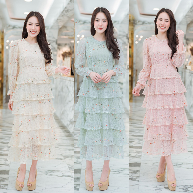 kudapy เดรสยาวชีฟองสีชมพู,สีครีม,ลายดอกแขนยาวแต่งระบายกระโปรงชั้นสวยดูดี