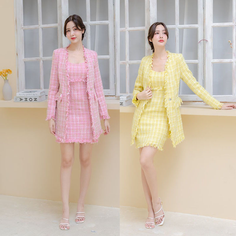 kudapy ชุดเซต 2 ชิ้นสีชมพู/สีเหลือง งานผ้าทวิตสีหวาน พาสเทล แมตช์ง่ายใส่ได้หลายลุค เรียบๆแบบคุณหนู แต่ก็เรียบหรู