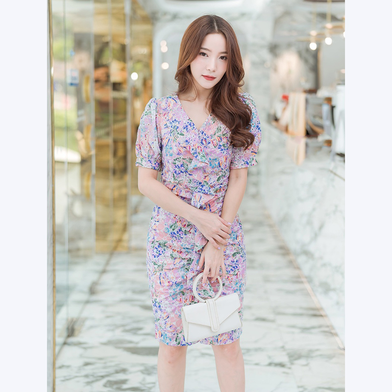 kudapy เดรสสั้นสีชมพู,ขาว ลายดอกไม้ใส่ดูสวย
