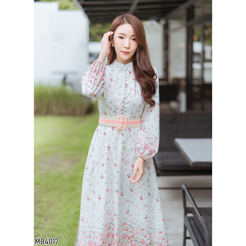 kudapy เดรสยาวสีขาว/ชมพู แขนยาวกระดุมหน้าใส่สบายสวยดูดี