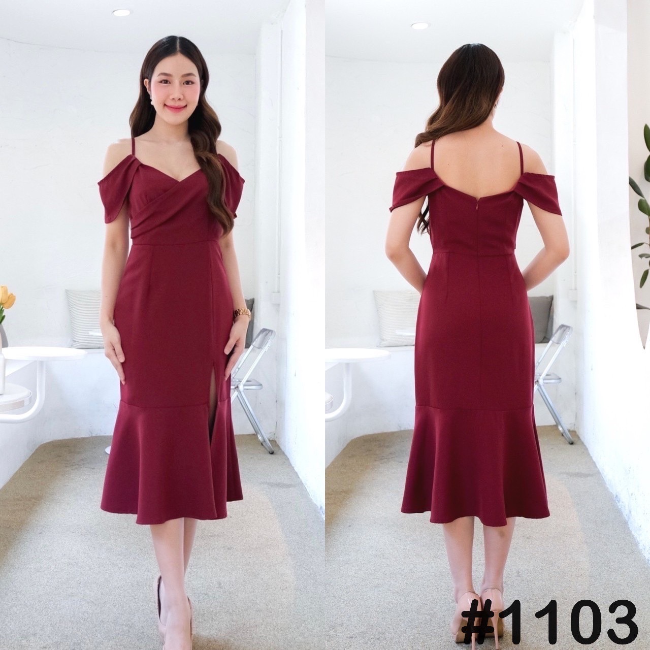 kudapy เดรสสั้นสีกรม/แดง/ขาว/ส้มโอรส/ชมพู/เขียวพิตาชิโอ้ สายเดี่ยว จับจีบอกไขว้ กระโปรงหางปลา ระบายพริ้ว ผ่าหน้าสูง