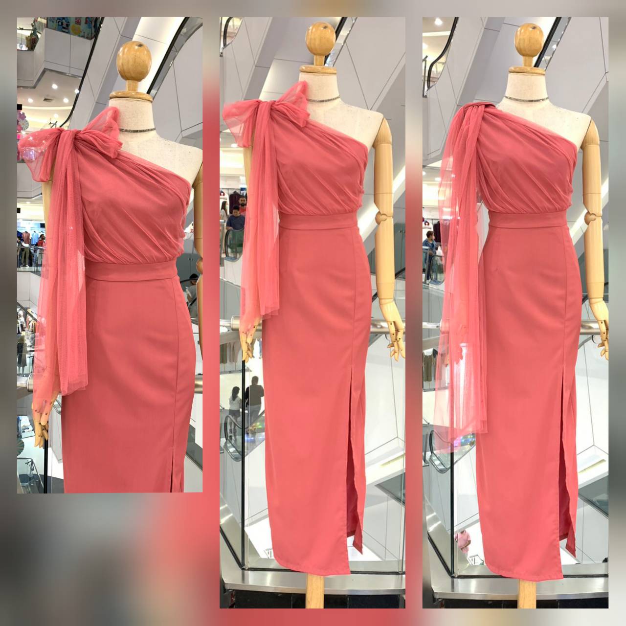 kudapy ชุดราตรียาวสายเดี่ยวแต่งโบว์สีชมพูสด กระโปรงทรงเอ ตีเกร็ดเอว ใส่แล้วเอวคอด พรางแขน พรางสะโพก มากค่ะ