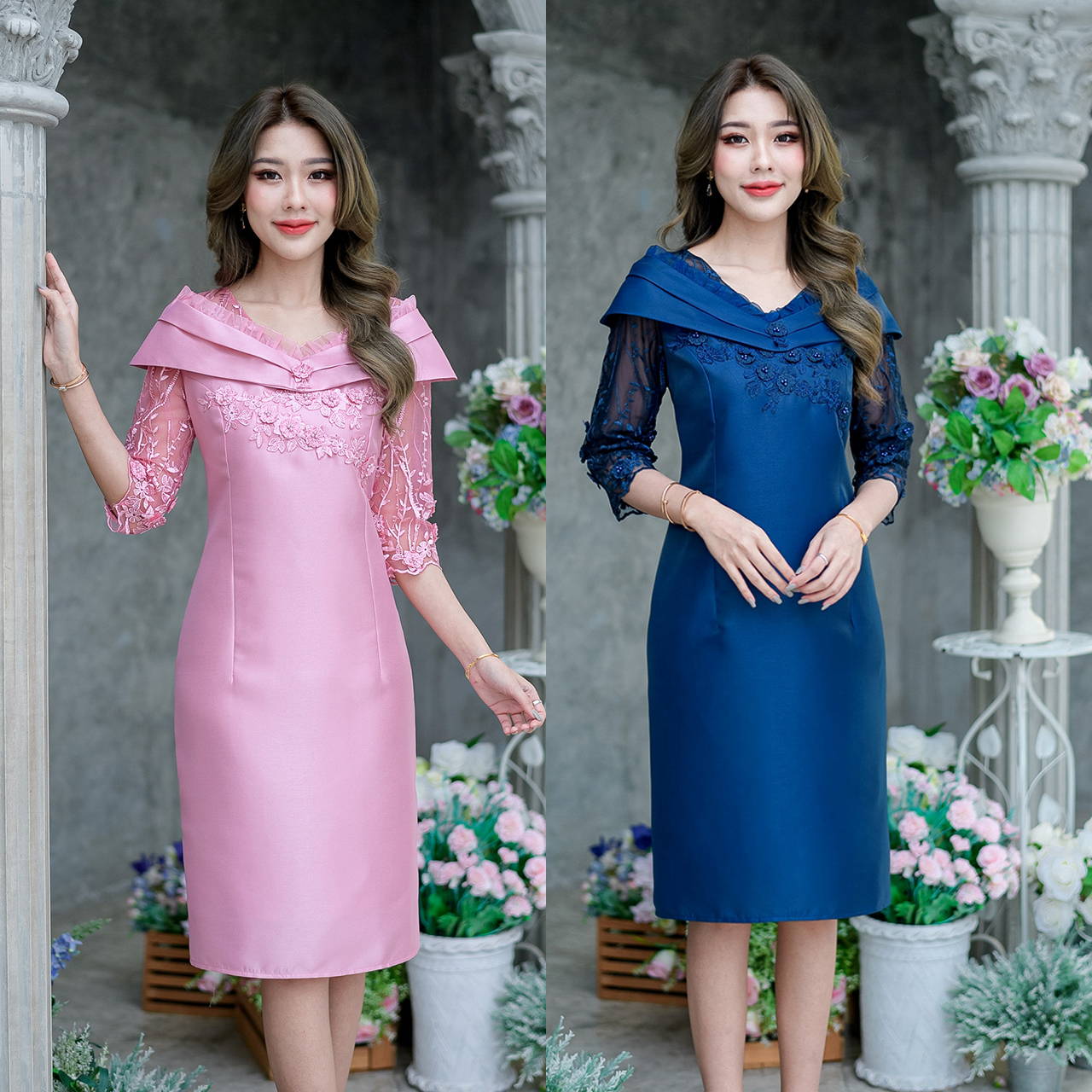 kudapy เดรสสั้นสีชมพู/สีกรม ผ้าไหมญี่ปุ่น ดีไซน์สวยหรูหราออกแบบโอบไหล่แต่งระบายด้วยผ้าแก้ว ช่วงแขนเป็นผ้าลูกไม้ปักดอกลอย