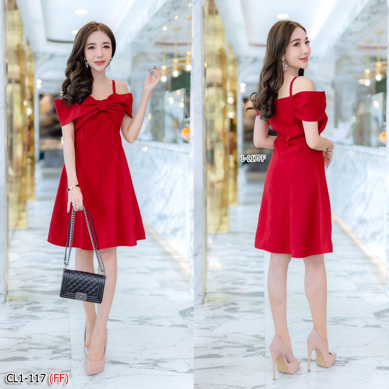 kudapy เดรสสั้นสีกรม ครีม แดง โอรส สายเดี่ยว เปิดไหล่ ช่วงอกตัดเย็บทรงโบว์ เนื้อผ้าซาร่า