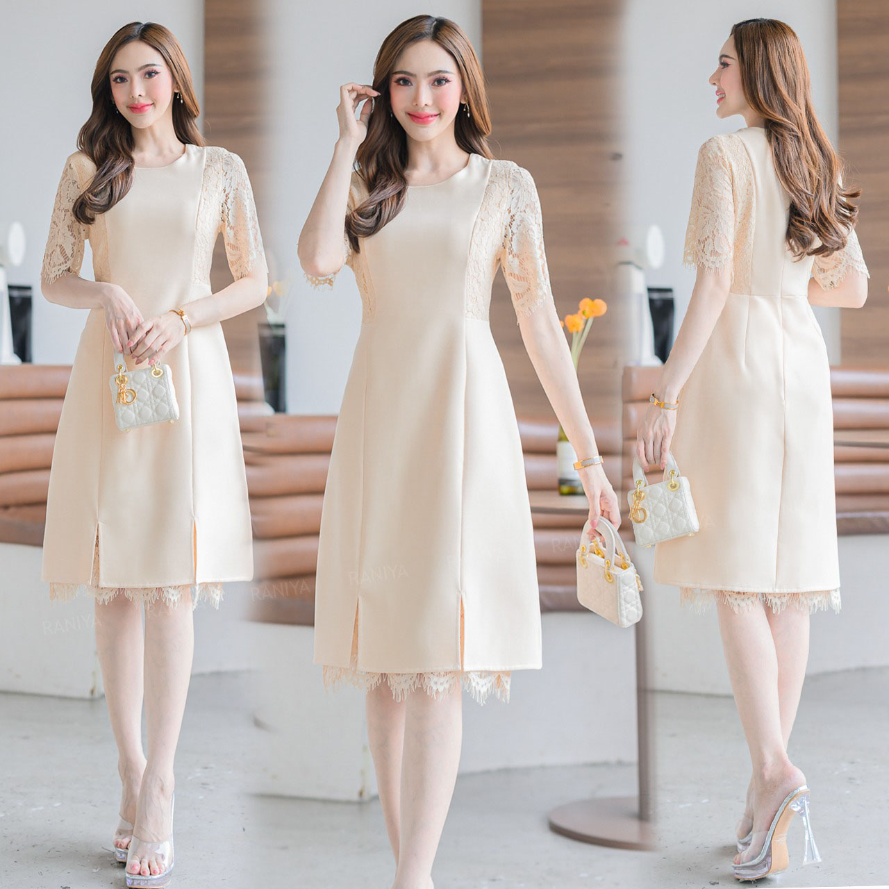 kudapy เดรสสั้นสีชมพู/สีขาว/สีครีม ผ้าโพลีเอสเตอร์ ทรงเอ แต่งแขนลูกไม้ฝรั่งเศษ ด้านหน้าตีเกรดเข้าทรงสวย กระโปรงผ่าหน้า