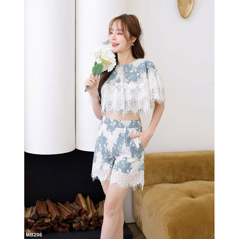 kudapy เซ็ทขาสั้นสีเทา แต่งชายต่อลูกไม้ ใส่สวยดูดี