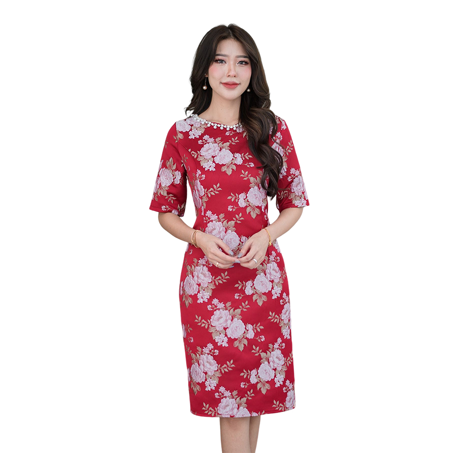 kudapy เดรสสั้นผ้าไหมทอลาย สีกรมท่า สีแดง เดรสคอกลม แขนสั้น ทรงเอเข้ารูป มีซับในซิบหลัง งานสวยหรูมากค่ะ