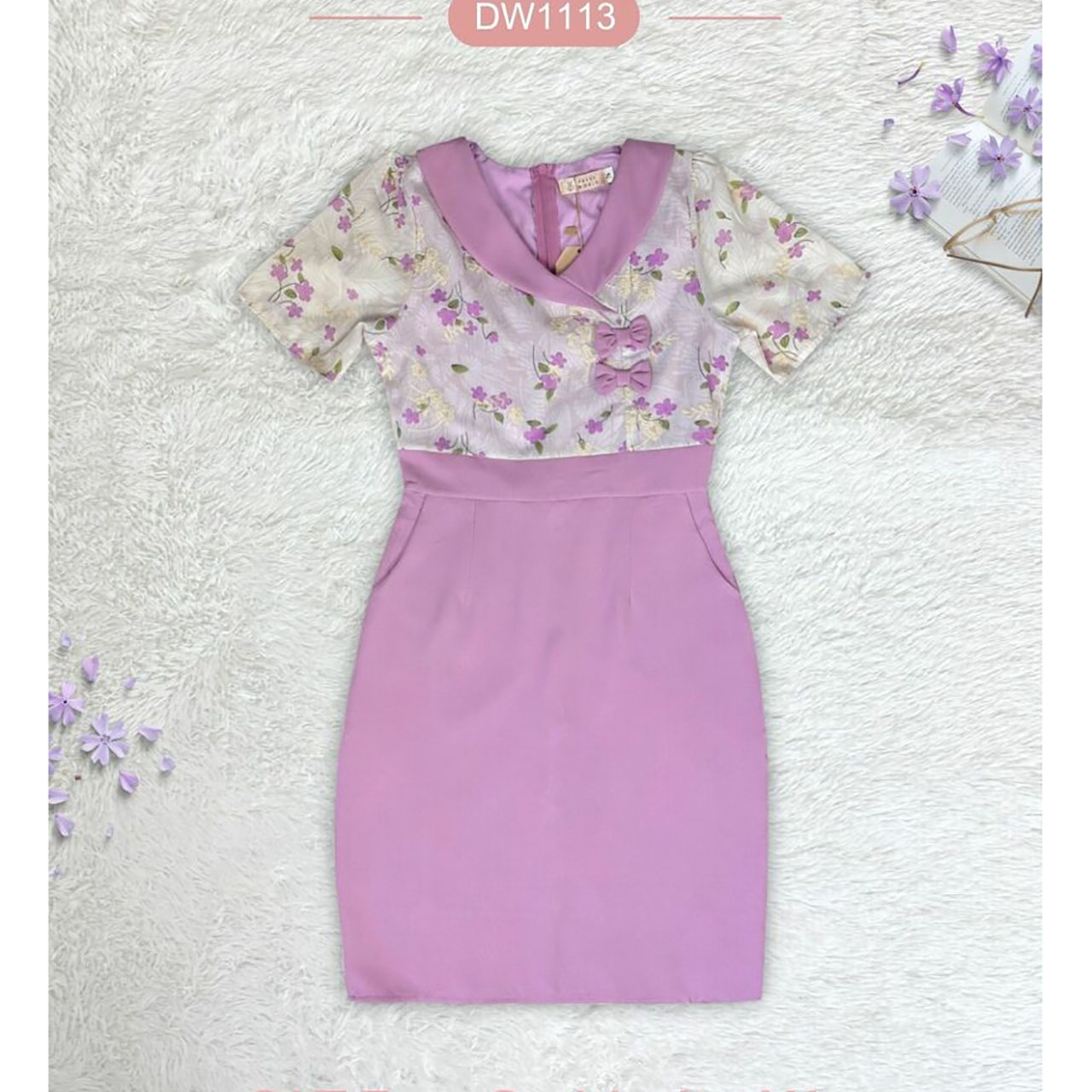 kudapy เดรสสีพื้นแต่งเสื้อลายดอกโบว์2ชิ้น