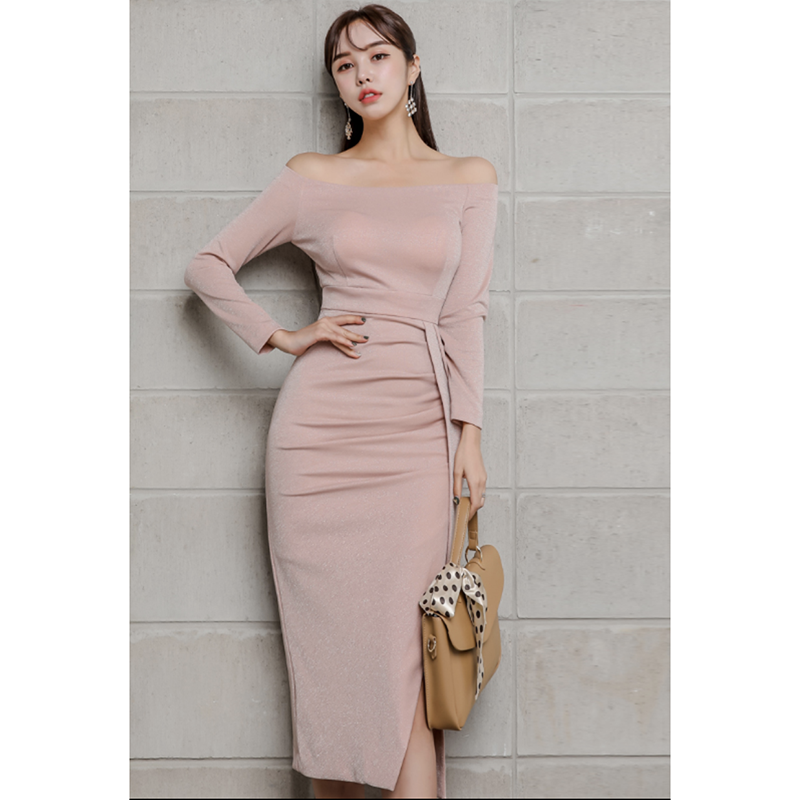 kudapy เดรสออกงานสีชมพูนู๊ด เปิดไหล่ ผ้ากำมะหยี่คอตตอน ทรงดินสอเอวปานกลาง งานตัดเย็บคุณภาพเกาหลี