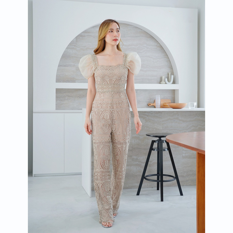 kudapy จั๊มสูทขายาวสีน้ำตาล/สีชมพู ลูกไม้แขนระบายผ้าสวยใส่สบายดูดีน่ารัก