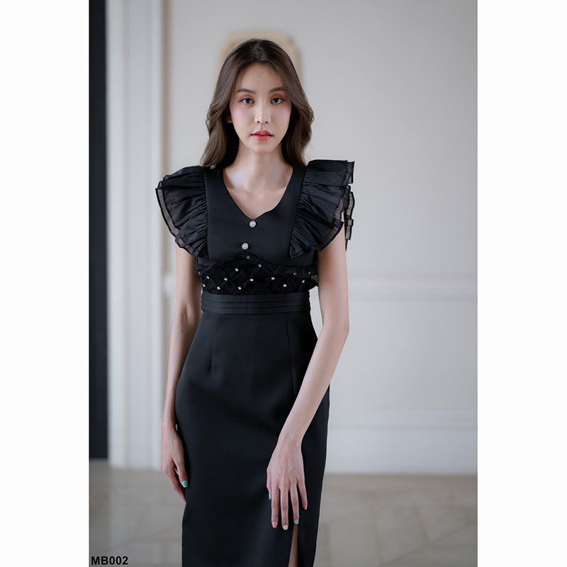 kudapy เดรสสั้นสีขาว/สีดำ/สีชมพู/สีแดง ทรงเข้ารูป แขนกุด ดีเทลอัดผ้าซีฟองช่วงแขน